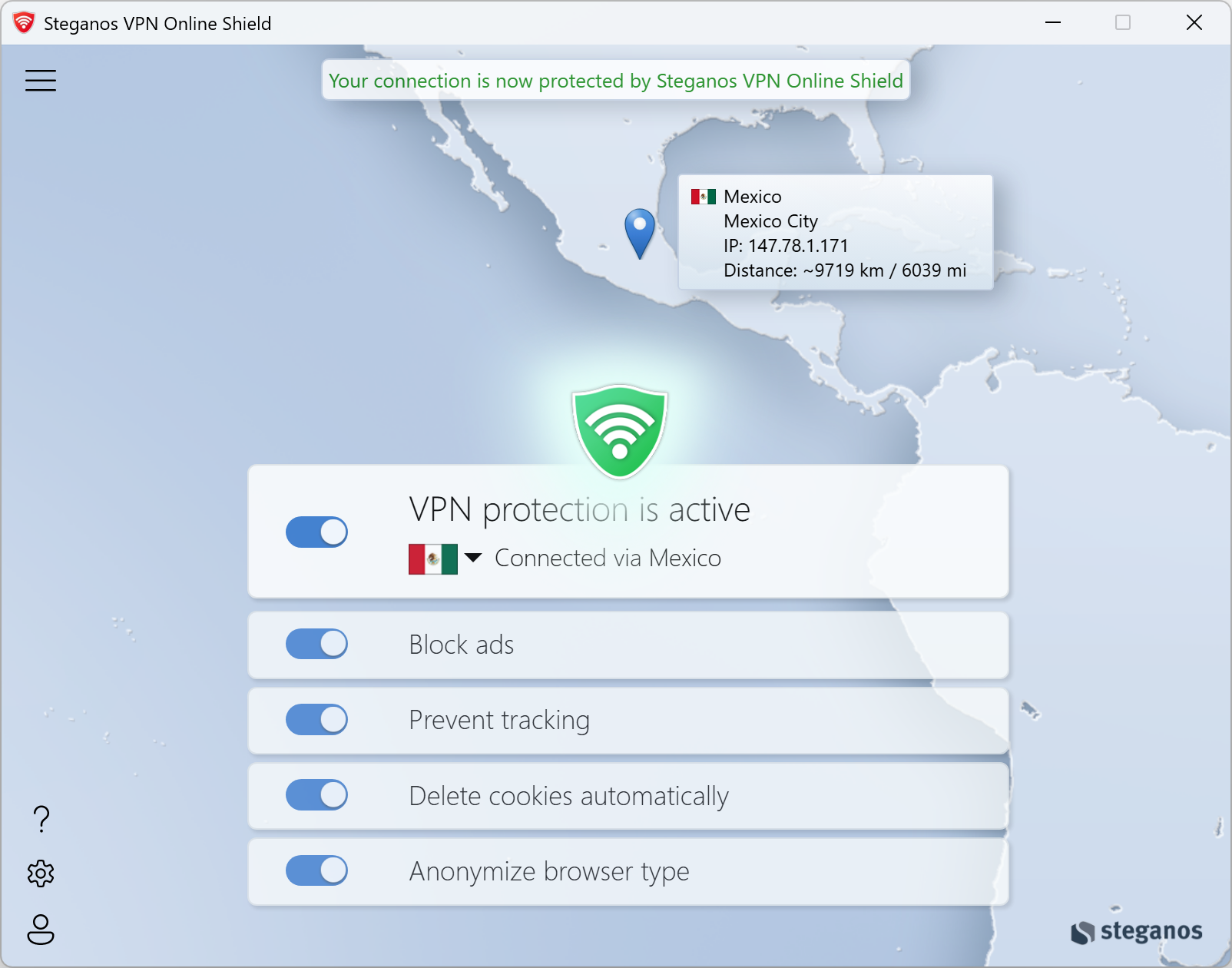 Steganos VPN Online Shield &ndash; четыре переключателя защиты в приложении для Windows